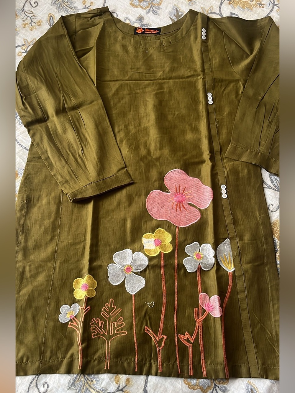 Olive Green Floral-Embroidered Women's Dress